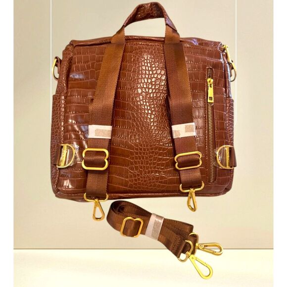 FAWN DESIGN NWT Backpack Diaper Bag Pecan Brown Croc Embossed Faux Leather Purse - Picture 2 of 16